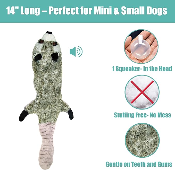 SPOT Skinneeez Raccoon 14 Inch Stuffing-Free Plush Dog Toy – Soft, Mess-Free Toy with One Squeaker for Small & Medium Dogs, Best for Light to Moderate Chewers