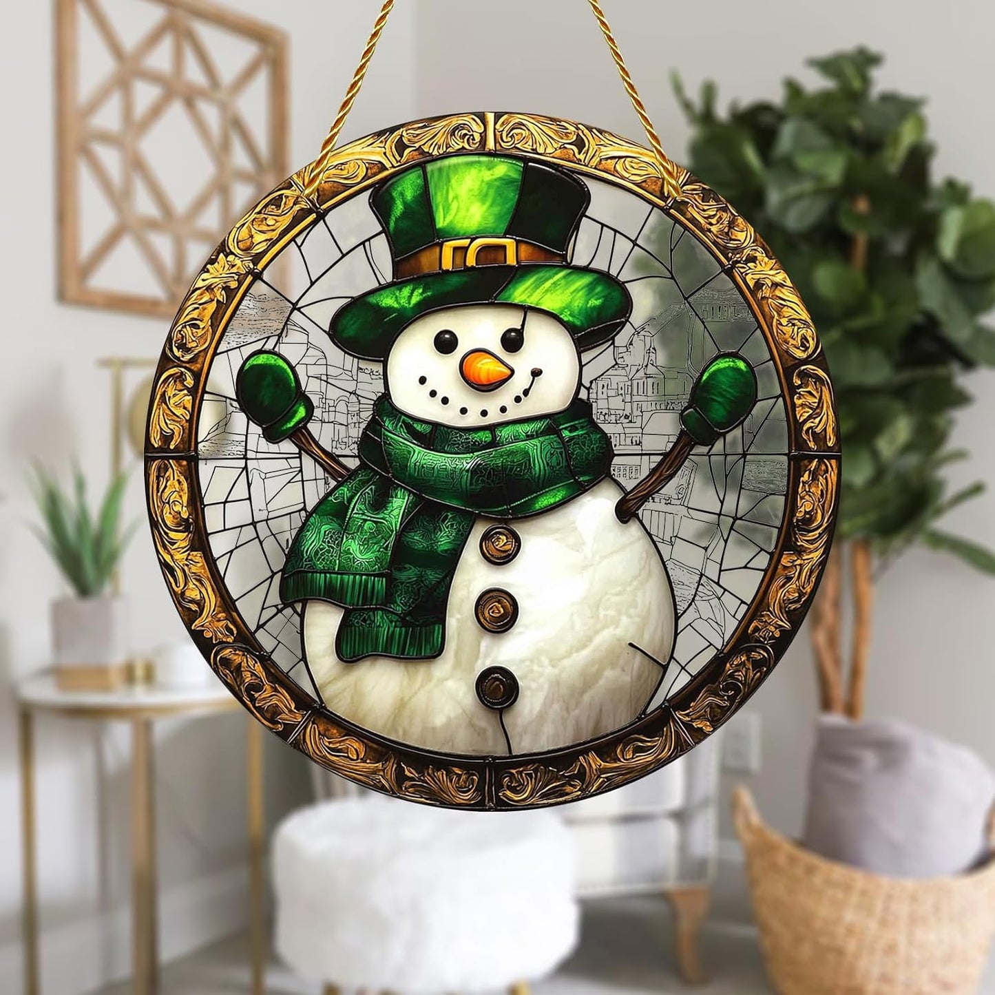 8x8 inch Charming Chrismas Snowman Acrylic Stained Glass Window Hanging Sun Catcher Decor Stained Panel Hangings Wall Art Decor, for Friends and Family (Snowman)