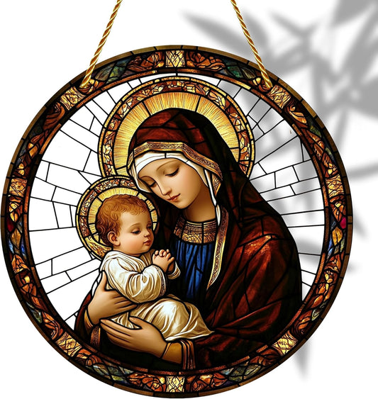 8x8 inch Charming Madonna and Child Acrylic Stained Glass Window Hanging Sun Catcher Decor Stained Panel Hangings Wall Art Decor, for Friends and Family (Madonna and Child)