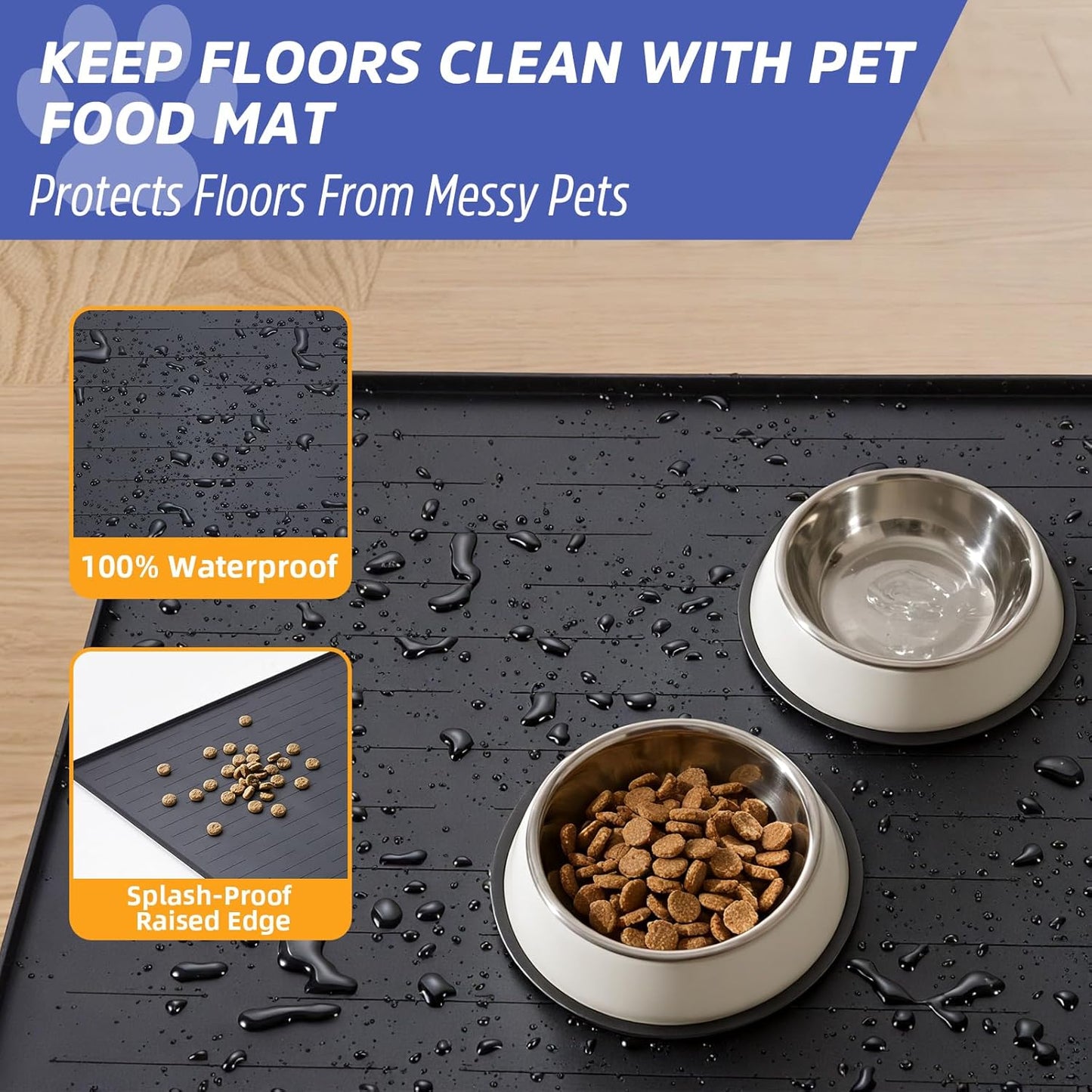 Large Dog Mats for Food and Water, 32"x24" Waterproof Pet Food Mats for Floor Nonslip Silicone Bowl Mats with Raised Edges