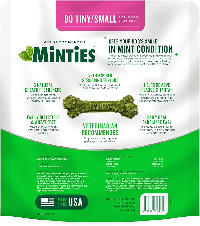 Minties Dental Chews for Dogs, 80 Count, Vet-Recommended Mint-Flavored Treats for Tiny/Small Dogs 5-24 lbs, Dental Bones Clean Teeth, Fight Bad Breath, and Removes Plaque and Tartar