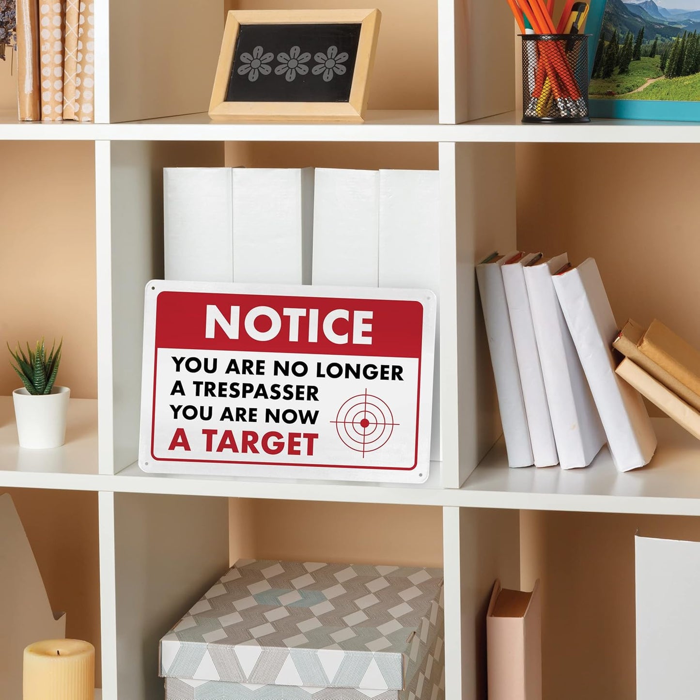 Humorous No Trespassing Sign – No Longer a Trespasser, You Are Now a Target – Funny Metal Warning Sign for Home Security, 8" x 12" - ENVISIONED Signage