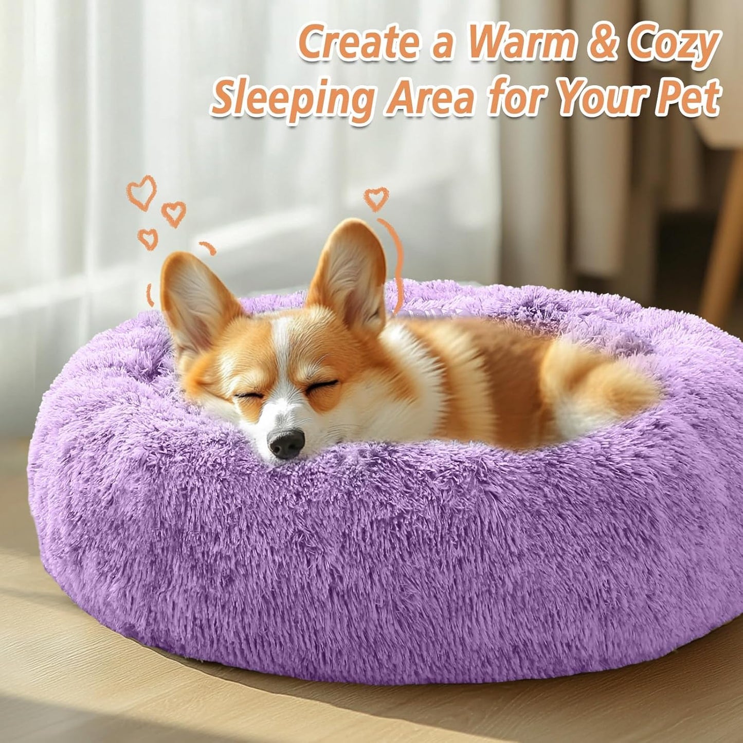 JOLLYVOGUE Calming Dog & Cat Bed for Small Dogs, Anti-Anxiety Donut Cuddler Cozy Soft Round Bed with Anti-Slip Bottom, Fluffy Faux Fur Plush Cushion Beds for Small Medium Pets (20")
