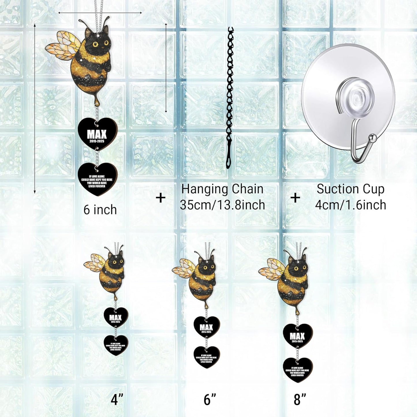 Custom Black Cat Bumble Bee Acrylic Suncatcher |Cat Loss Sympathy Gift | Customized Pet Memorial Suncatcher with Charms | Custom Pet Memorial Gifts| Best Gifts for Your Beloved Cats Passed Away