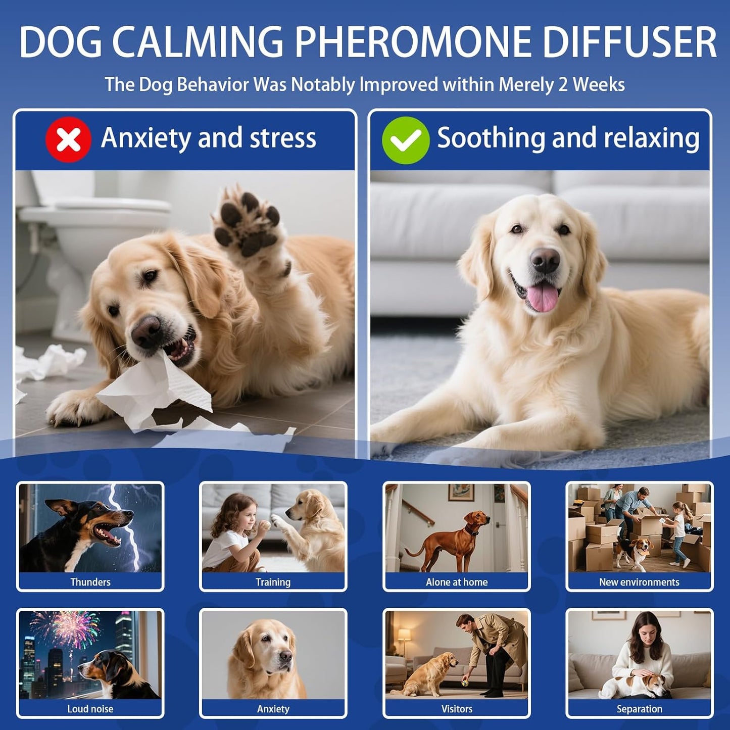 Dog Pheromone Calming Diffuser: Relaxing Pheromone Diffuser for Dogs Relief Stress Anxiety Fighting Scratching Barking, Dog Calming Pheromone Diffuser Kit with 2 Plug in Diffuser+4 Refill 48ml (6in1)