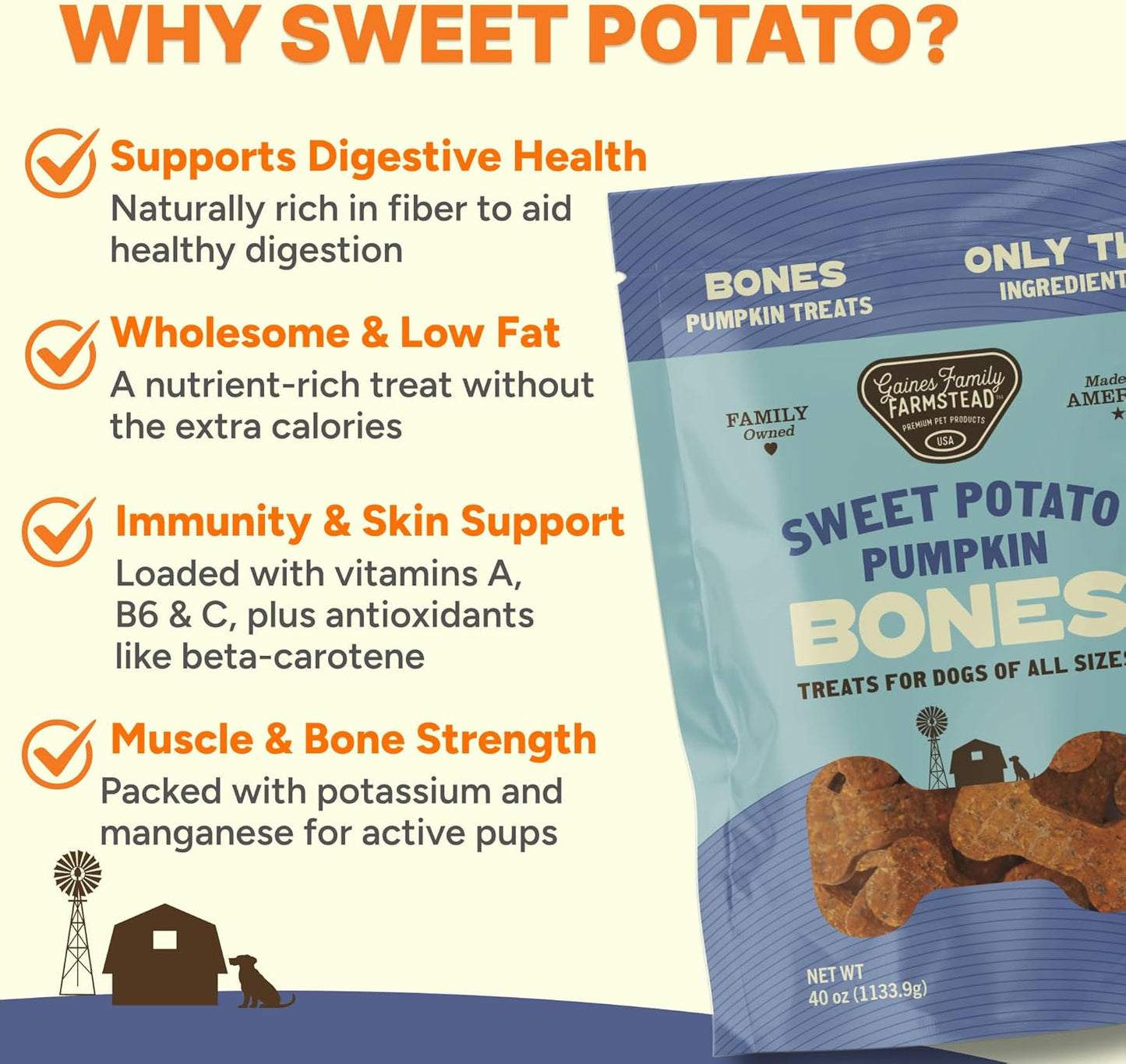 Gaines Family Farmstead Pumpkin & Sweet Potato Dog Bones – 40 oz Bag, Natural, Grain-Free Dog Treats for Digestive Health & Immunity – High-Fiber, Vitamin-Rich Chews, Made in USA