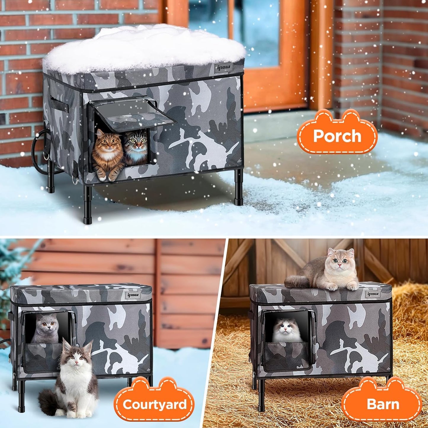 IPOW 6 Layers Ultra Sturdy Cat Houses for Outdoor Cats, 100% Waterproof with 900D Oxford Fabric & Fully Insulated Weatherproof Heated Plush Pad for Outside Stray Barn Cat