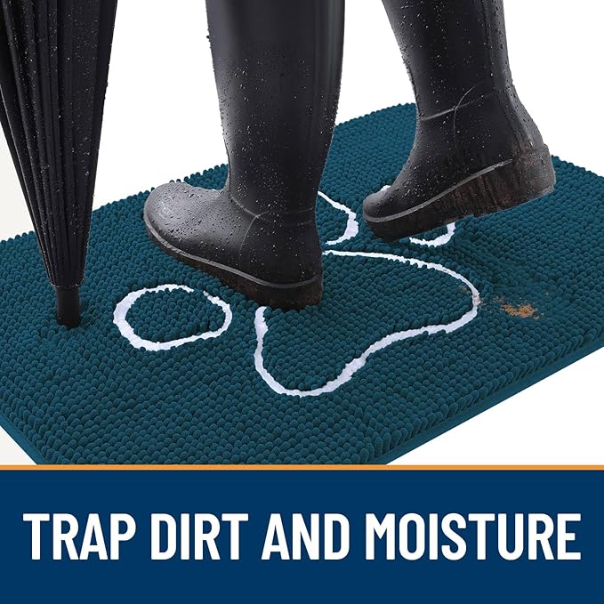 OLANLY Door Mat for Muddy Dog Paws 47x24, Absorbent Chenille Mud Doormat with Paw Print Design, Non-Slip Washable Doormat for Indoor Entryway, Quick-Dry Pet Bed Mats for Dirty Dogs, Atlantic Blue