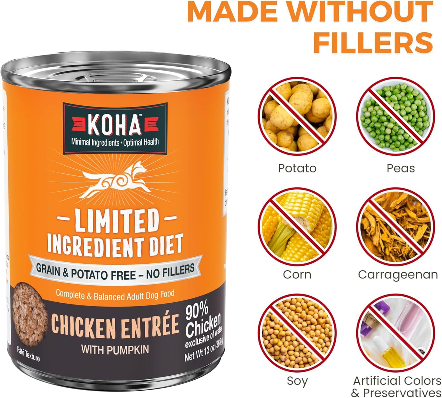 KOHA Limited Ingredient Diet Chicken Entrée for Dogs - Grain Free Wet Dog Food with No Fillers - Sesnsitive Stomach Chicken Dog Food - 13 oz Pack of 12