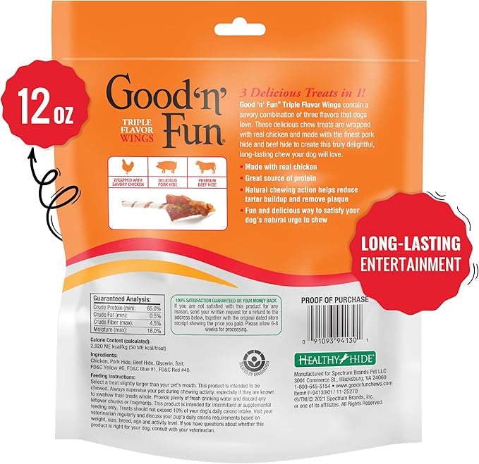 Good 'n' Fun Triple Flavor Wings Chews for All Dogs, 12 Ounces, Treat Your Dog to Long-Lasting Chews Made with Chicken, Pork Hide and Beef Hide