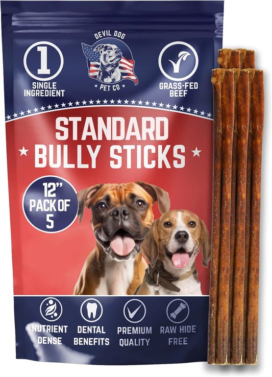 Devil Dog Pet Co. Bully Sticks – 12 Inch, 5 Pack, Standard Sized Dog Chews, 100% Natural, Single Ingredient, Free-Range Grass-Fed Beef – Long Lasting, Rawhide-Free Treats for Dogs