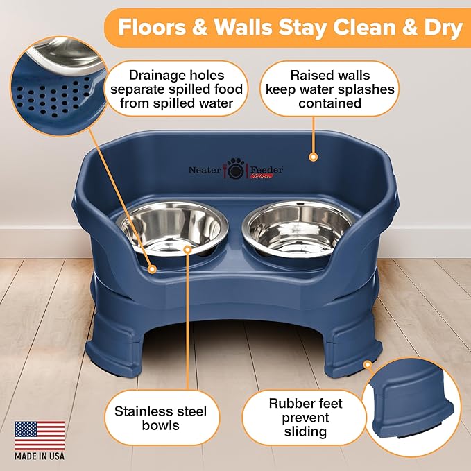 Neater Feeder Deluxe Mess Proof Cat Bowls Elevated for All Breeds – Made in USA – No Spill Raised Cat Bowls for Indoor Cats w/Leg Extensions – Stainless Steel Cat Food and Water Bowl Set - Dark Blue