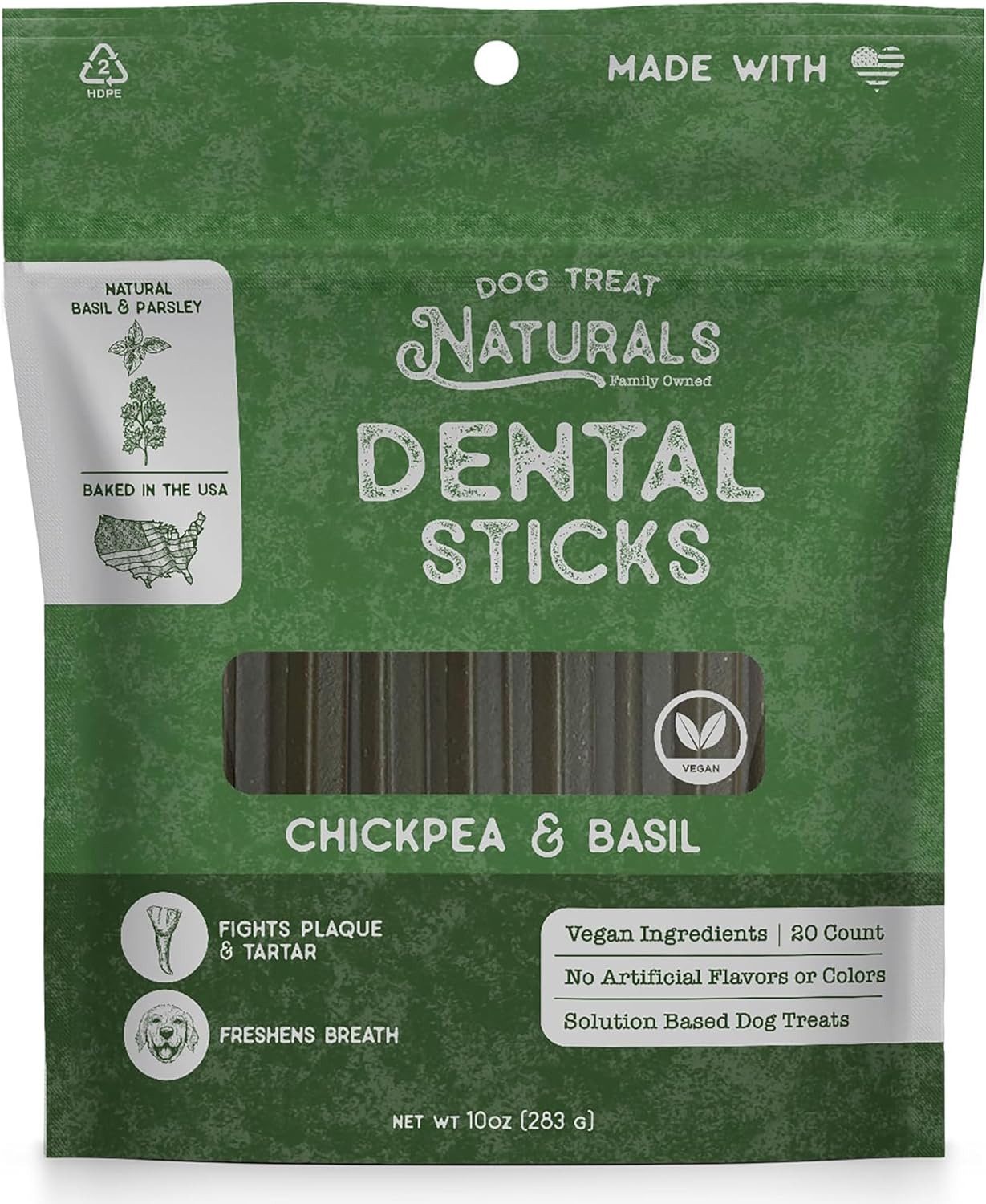 Dog Treat Naturals: Dental Sticks - Chickpea & Basil - 10oz (20ct), Dog Chew Treats, Freshen Breath, Fight Plaque-Tartar, Helps Clean Teeth, USA Made