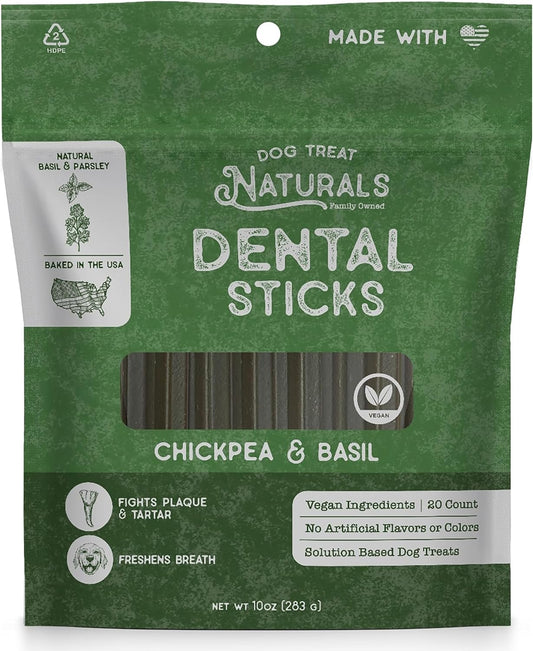 Dog Treat Naturals: Dental Sticks - Chickpea & Basil - 10oz (20ct), Dog Chew Treats, Freshen Breath, Fight Plaque-Tartar, Helps Clean Teeth, USA Made