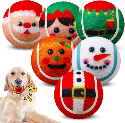Civaner 6 Pcs Christmas Squeaky Tennis Balls for Dogs 2.5 Inch Bulk Dog Toys Ball for Small Medium Large Dogs Puppy Chew Teething Toy Interactive Training Xmas Gifts Stocking Stuffers (Santa)