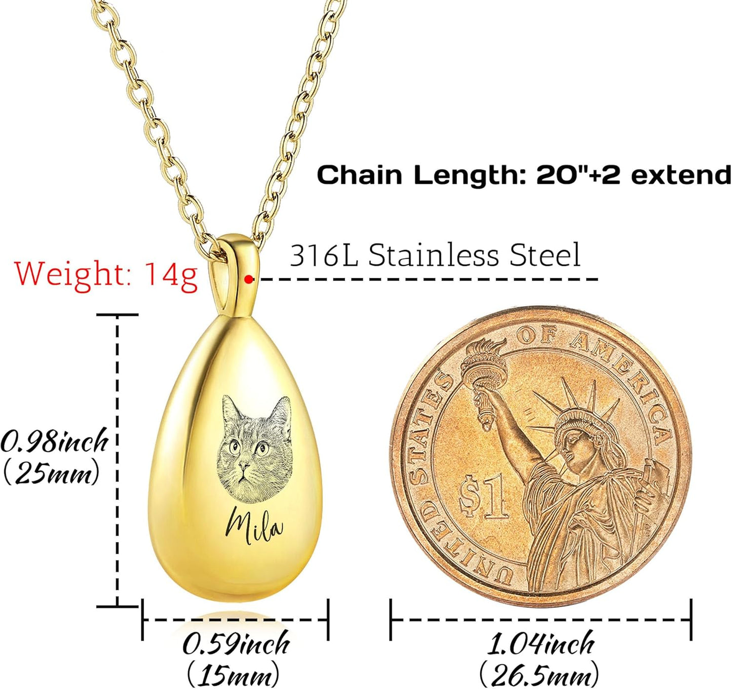 MMXX Personalized Pet Portrait Teardrop Urn Necklace with Name/Photo Stainless Steel Pendant - Cremation Jewelry for Pet Memorial Gifts - Funnel Kit Included