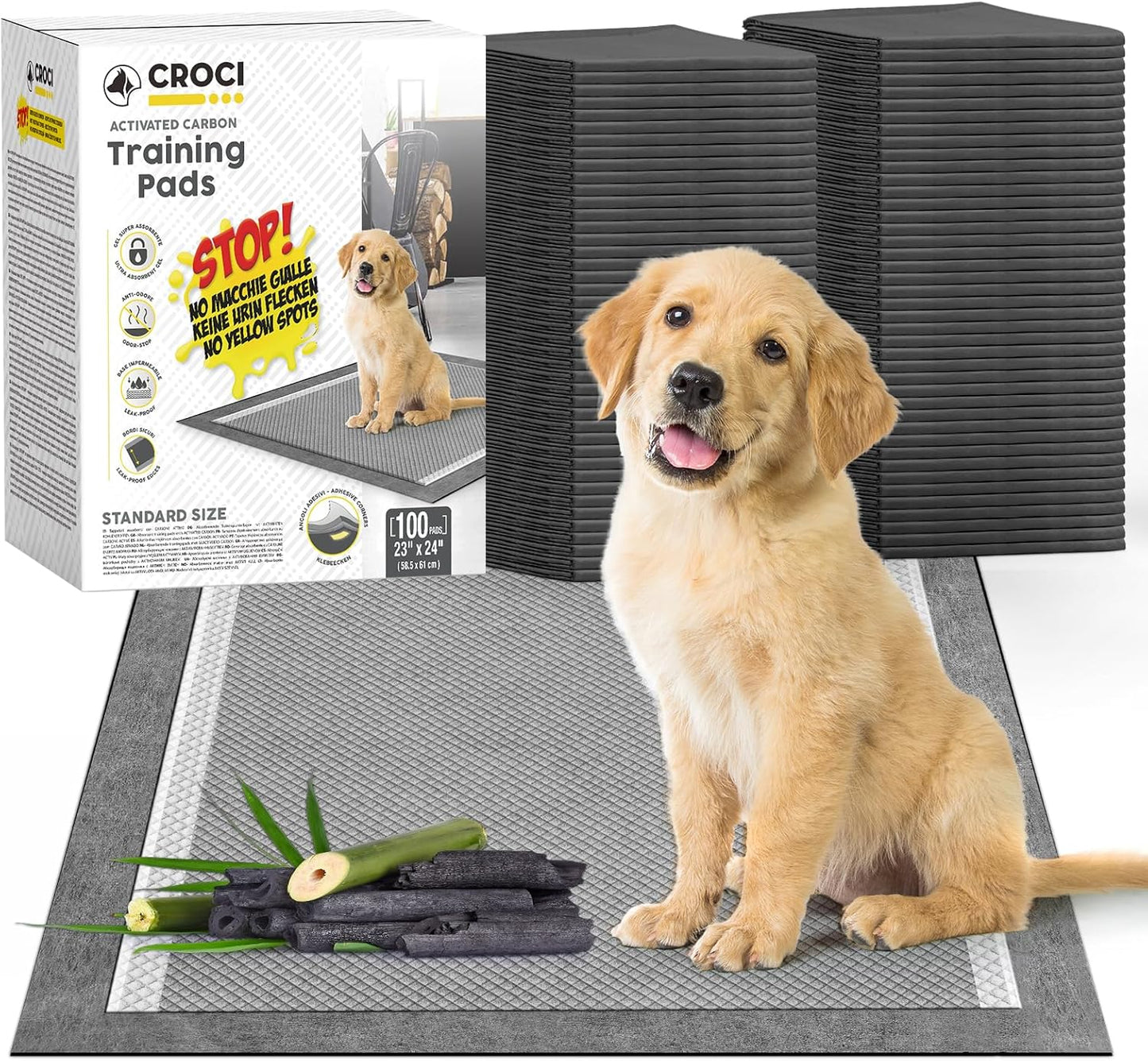 CROCI Charcoal Puppy Pads 23"x24" Standard Size, Odor-Control Carbon Dog Training Pads Absorbs Up to 4 Cups of Liquid, 6-Layer Leak-Proof & Quick Dry Pee Pads for Dogs, Disposable (100 Counts)