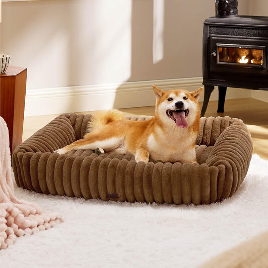 Bedsure Cute Dog Bed for Large Dogs - Washable Furry Puppy Beds, Rectangle Orthopedic Corduroy Fleece Pet Beds with Removable Zipper Cover, 36x27x8inches, Copper Brown