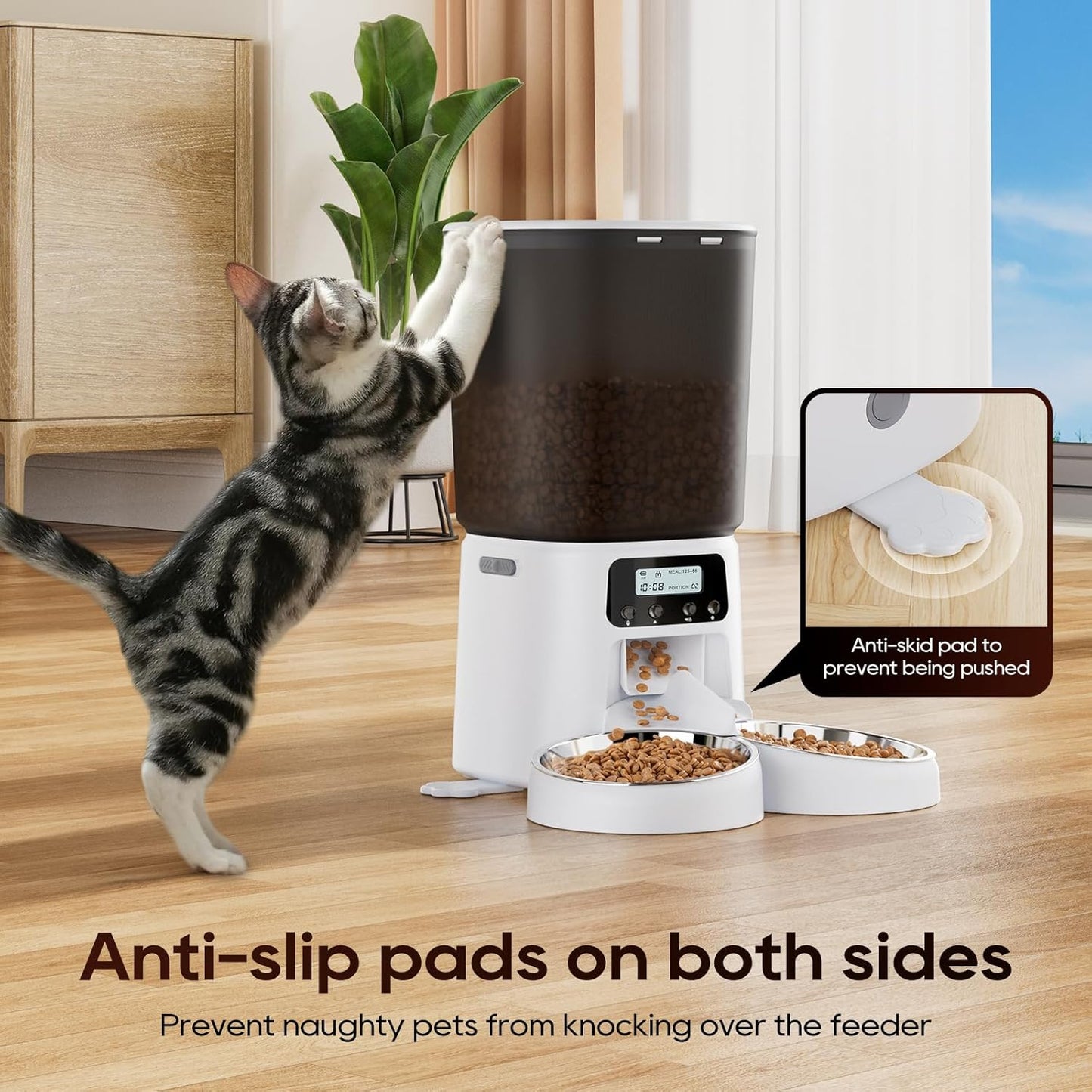 Automatic Cat Feeder for 2 Cats, 6L Timed Cat Dry Food Dispenser Dog Feeder up to 6 Meals & 30 Portions per Day,10S Voice Record,Flexible Schedule Timer Pet Feeder for Small Dogs, White