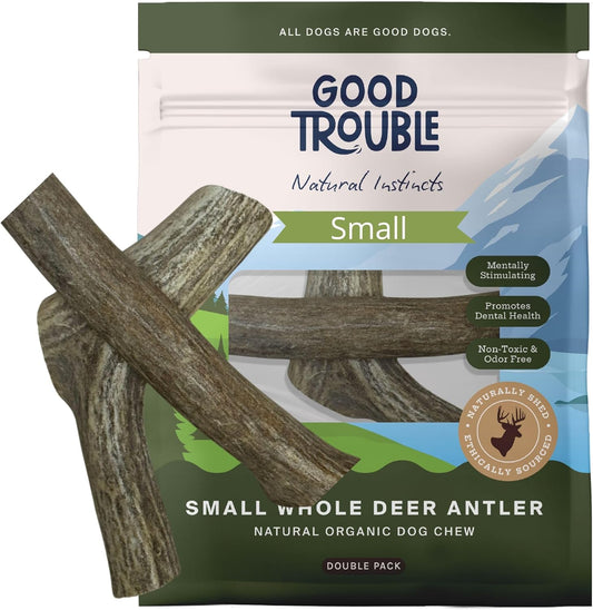 Good Trouble Premium Deer Antlers for Small Dogs – 2 Whole Antlers Pets - North American Sourced for Dental Health & Anxiety Relief - Odor-Free & Non-Toxic Chew Bone for Dogs