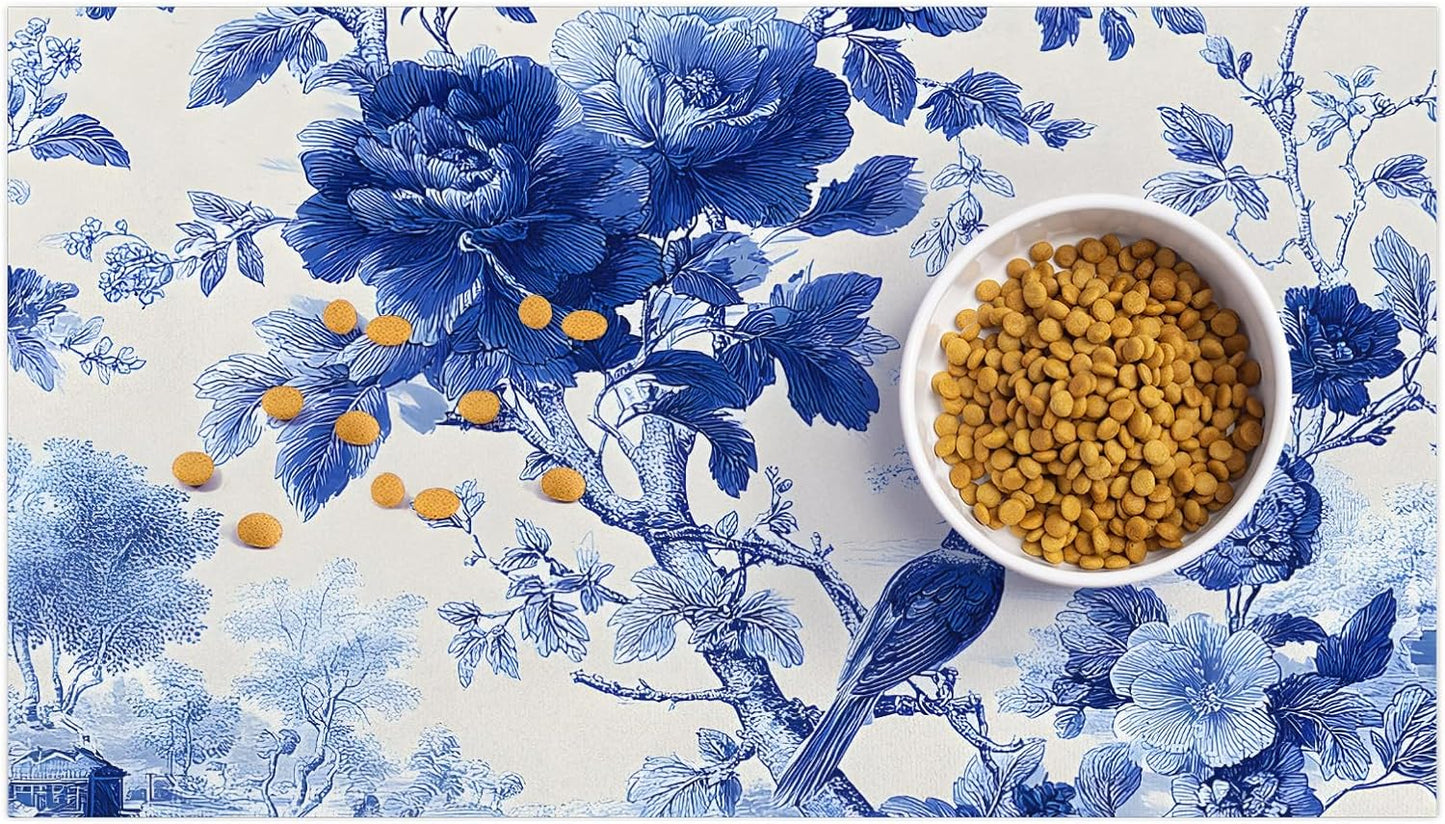 Pet Dog Cat Food Mat, Blue Floral Pet Feeding Pad, 12 * 20 Inch Absorbent Dog Food Mat, Cat Dish Mat for Food and Water, Suitable for Dog Cat or Other Pets