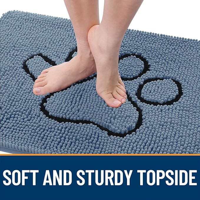 OLANLY Door Mat for Muddy Dog Paws 48x30, Absorbent Chenille Doormat with Paw Print Design, Non-Slip Washable Doormat for Indoor Entryway, Quick-Dry Pet Bed Mats for Dirty Dogs, Airy Blue and Black