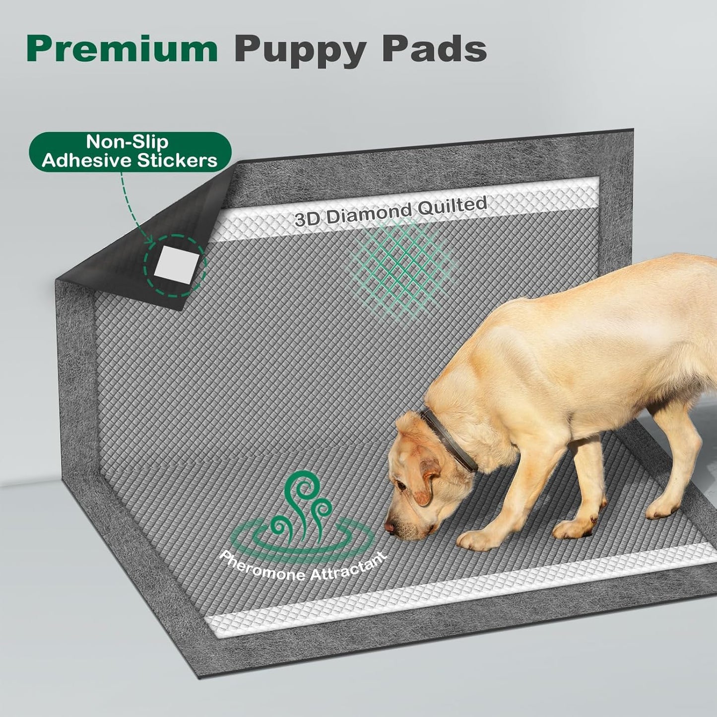 MIZOK Large Dog Pee Pads 28”×30” Charcoal, 50 Count, Puppy Pads Superior Odor-Control Potty Pads for Dogs with Adhesive Tabs Super Absorbent Activated Carbon Leak-Proof Disposable, Black