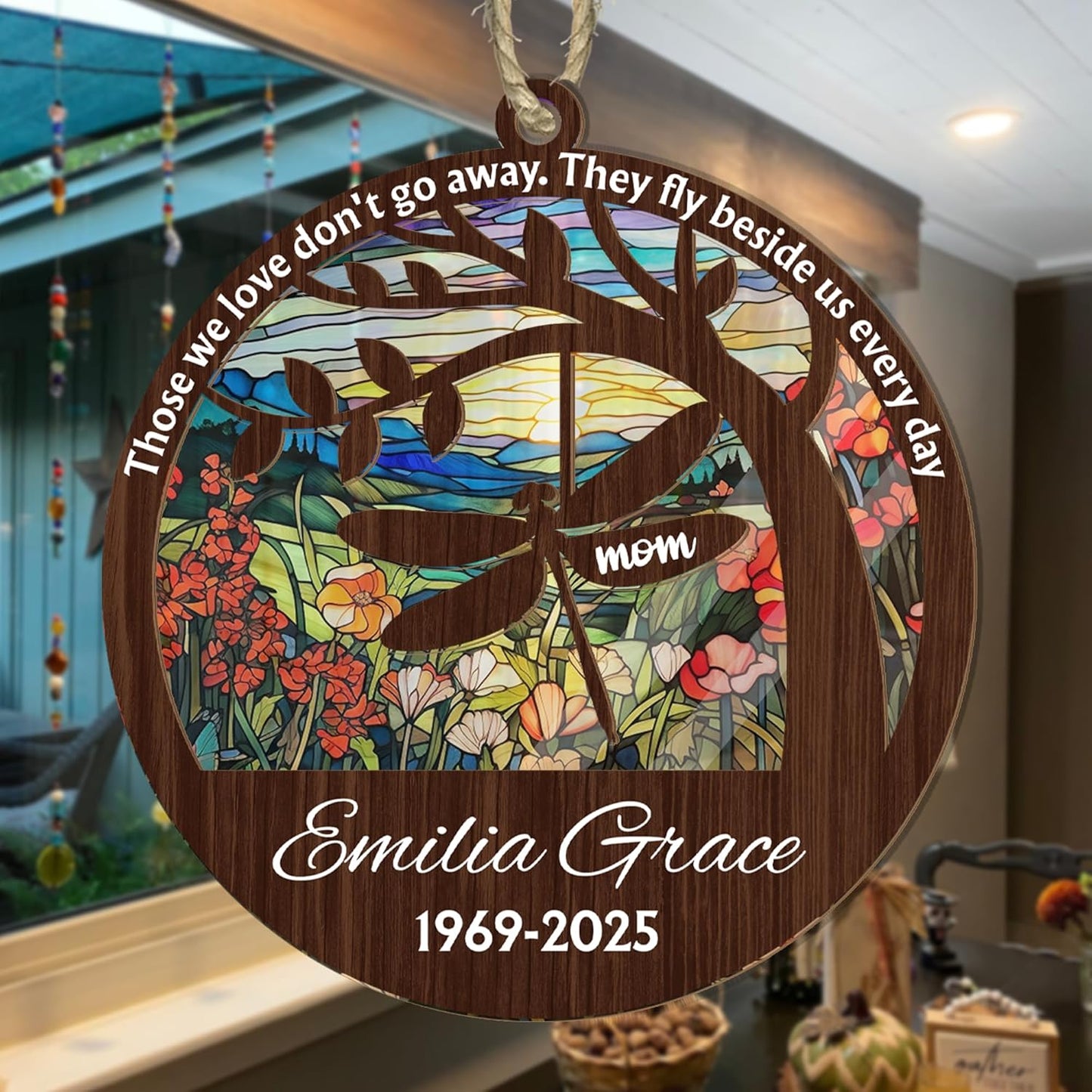 Personalized Dad Mom Dragonfly Suncatcher Ornament - Loving Memory, Remembrance Hanging Decor, Bereavement Condolence Gifts, Loss of Family Member Loved One, Those We Love Don't Go Away Ornaments
