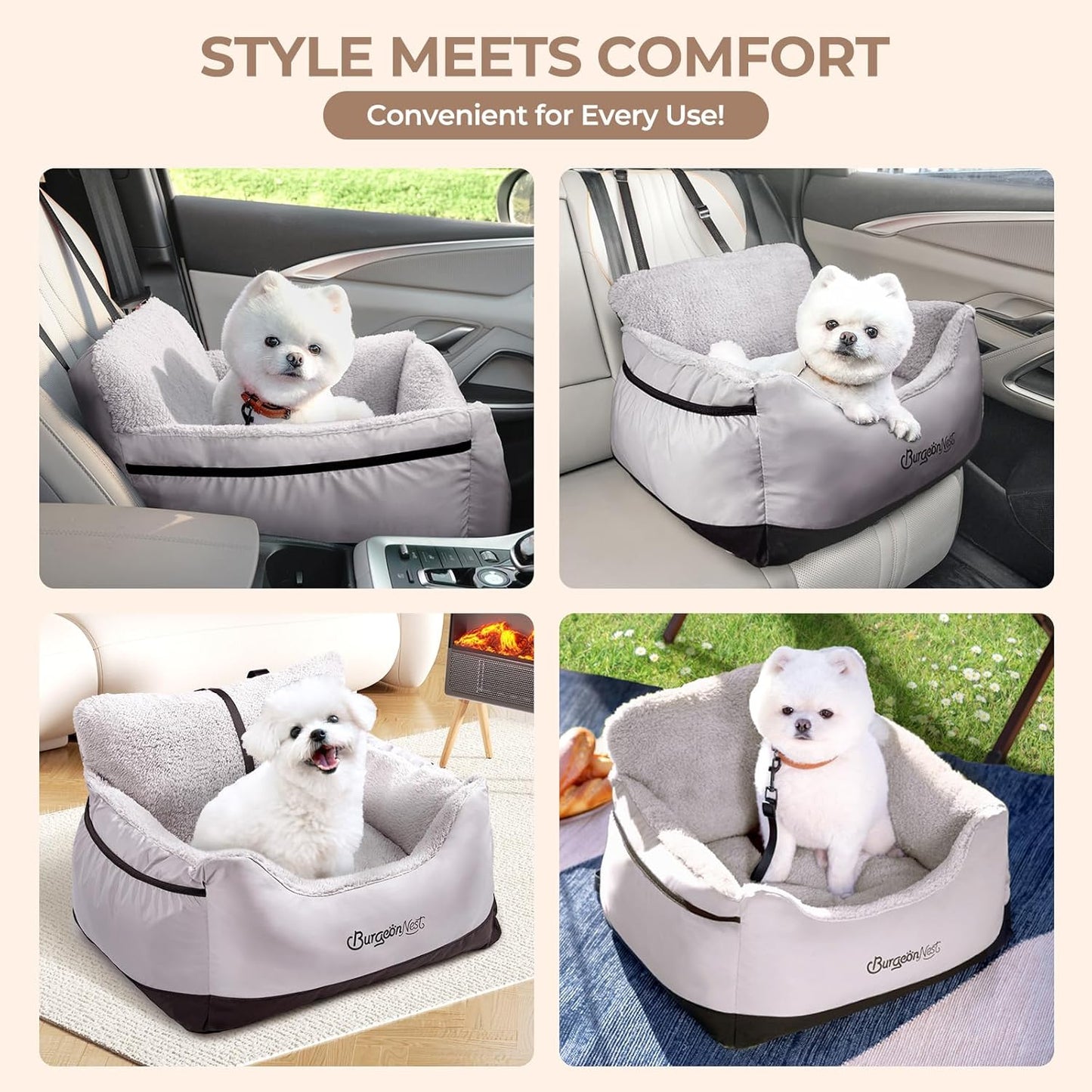 BurgeonNest Dog Car Seat for Small Dogs, Detachable and Washable Cat Carseats Under 25 lbs, Soft Pet Booster Seats with Storage Pockets and Clip-On Leash Portable Car Travel Carrier Bed, Black Grey