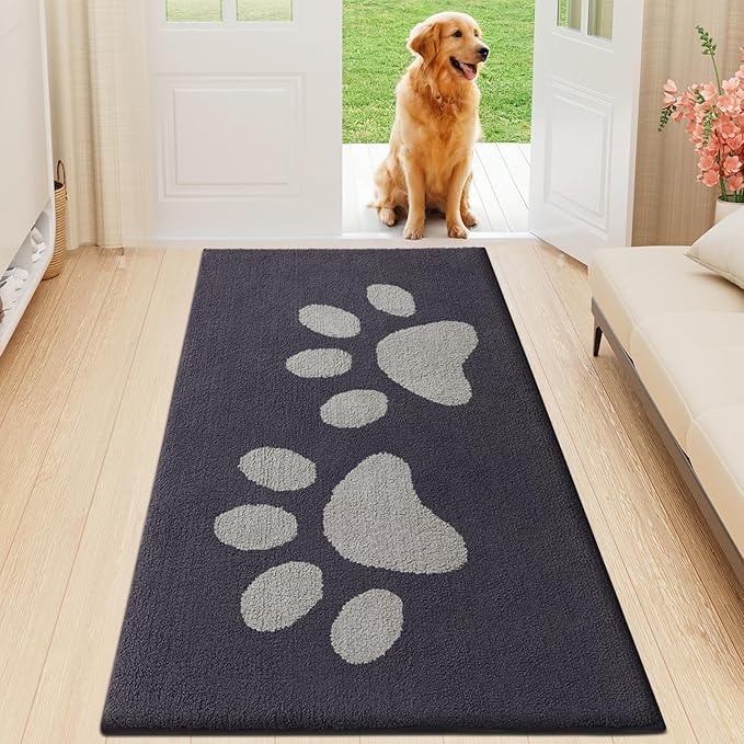 Buganda Dog Door Mat for Muddy Paws, Absorbent Dirt Trapper Washable Indoor Doormats, Non Slip Low-Profile Mud Mat for Dogs, Front Entrance Doormat for Inside Floor (59x20 Inches, Dark Grey)