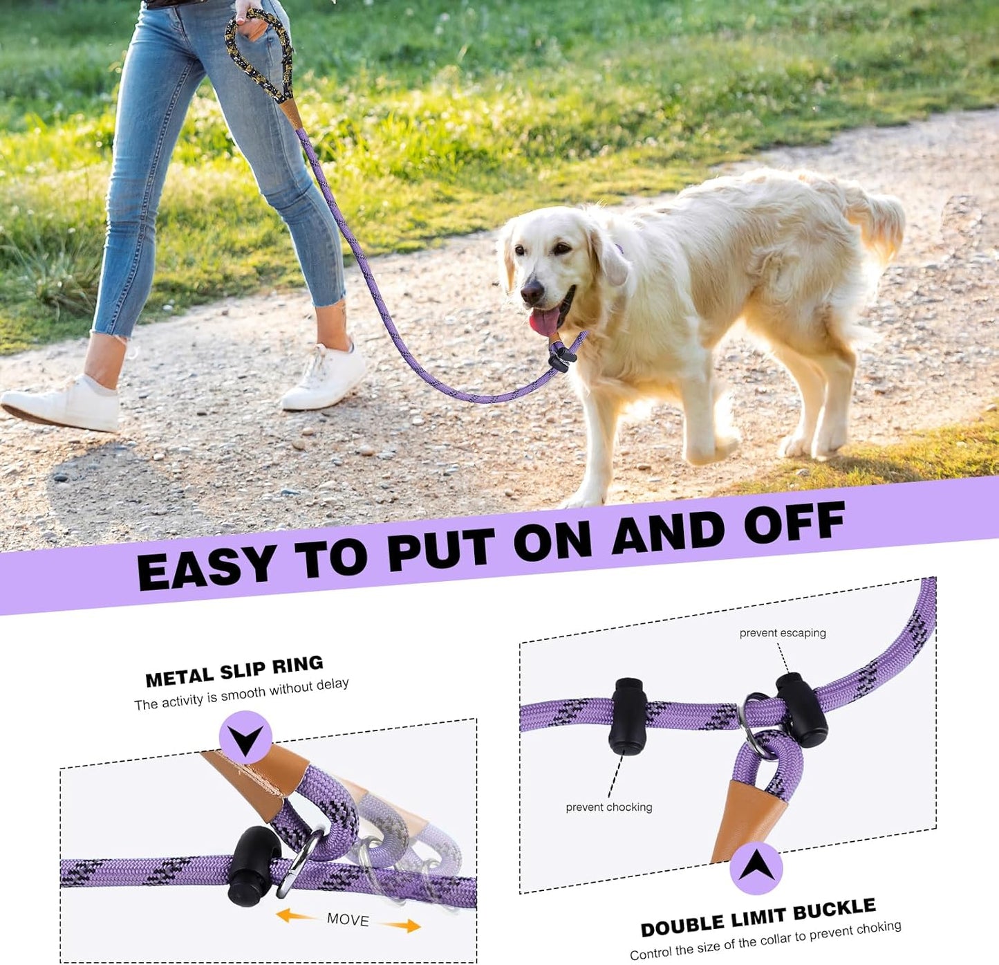 lynxking Slip Lead Dog Leash Reflective, Heavy Duty Comfortable Strong Rope for Large Medium Small Dogs No Pull Pet Training (Light Purple, 2PCS Large 1/2in x 6ft)