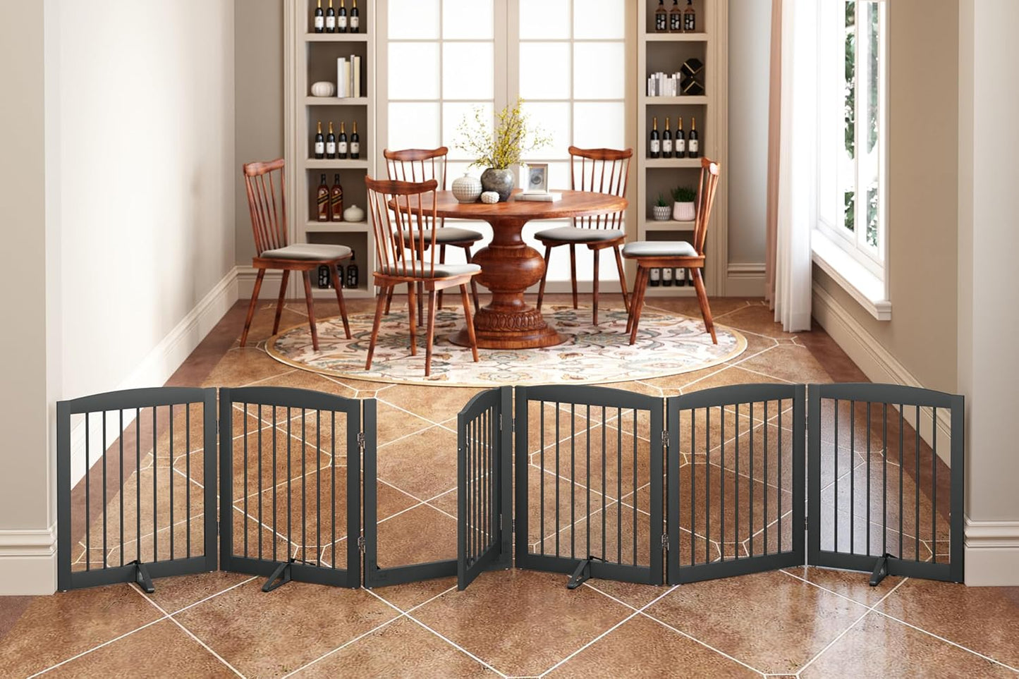 Freestanding Pet Gates with Walk Through Door, Dog Indoor Fence, Dog Gate for The House, Doorway, Stairs, Extra Wide Pet Gate, Support Feet Included, 120 Inch Wide, 6 Panels 24" Tall, Gray