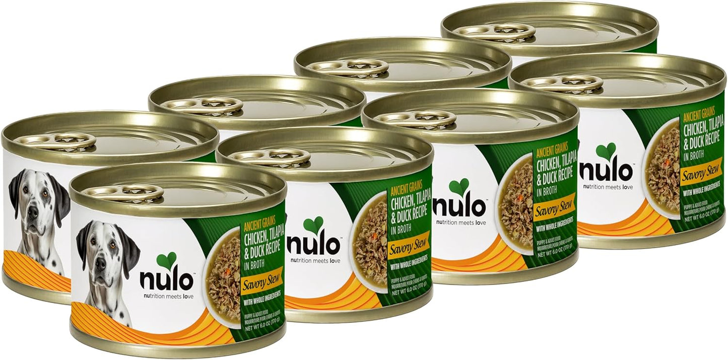 Nulo Ancient Grains Savory Stew with Whole Ingredients Puppy & Dog Food, Chicken, Tilapia, and Duck in Broth, 6.0 Ounce, 8 Cans