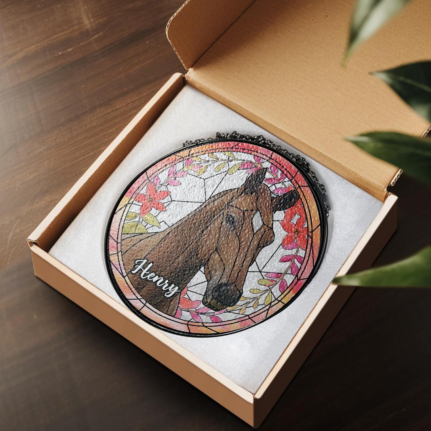 Lovely POD Personalized Horse Stained Glass Suncatcher with Photo, Custom Name Horse Ornament Window Hanging, Home Decor Gifts for Pet Day, Christmas, Memori, Sympathy Gift for Loss of Horse