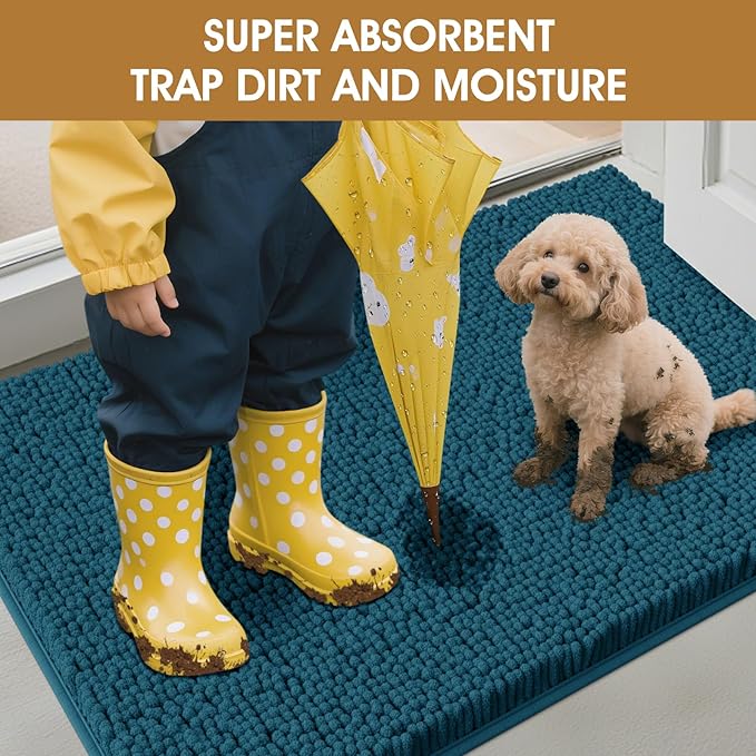 Dog Door Mats for Muddy Paws, Chenille Absorbent Door Mats, Non Slip Heavy Mud Mat for Dogs, Soft Indoor Door Mat for Entryway, Mud Paws, Inside Floor,36" X 24", Teal Blue
