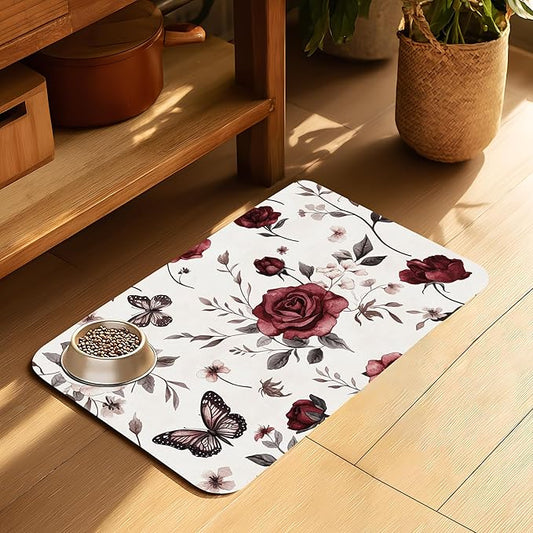 Vintage Flower Butterfly Dog Cat Food Mat-Absorbent Placemat for Food and Water Bowl, Waterproof Non Slip Rubber Backing Dog Food Mats for Floors, Pet Supplies 12 * 20 inch