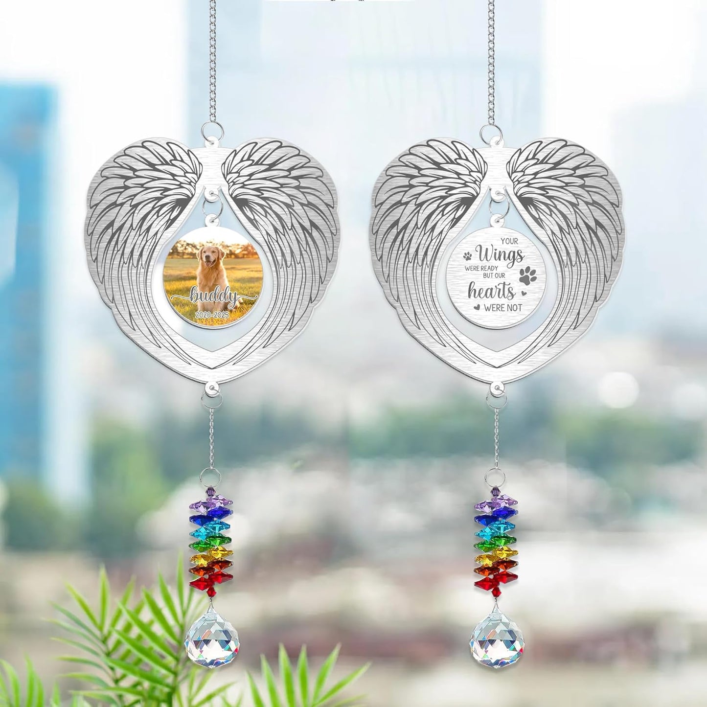 Personalized Dog Memorial Suncatcher, Pet Loss Ornament for Dog Owner - Angel Wings Frame with Custom Photo & Years - Rainbow Crystal Remembrance Gift for Christmas