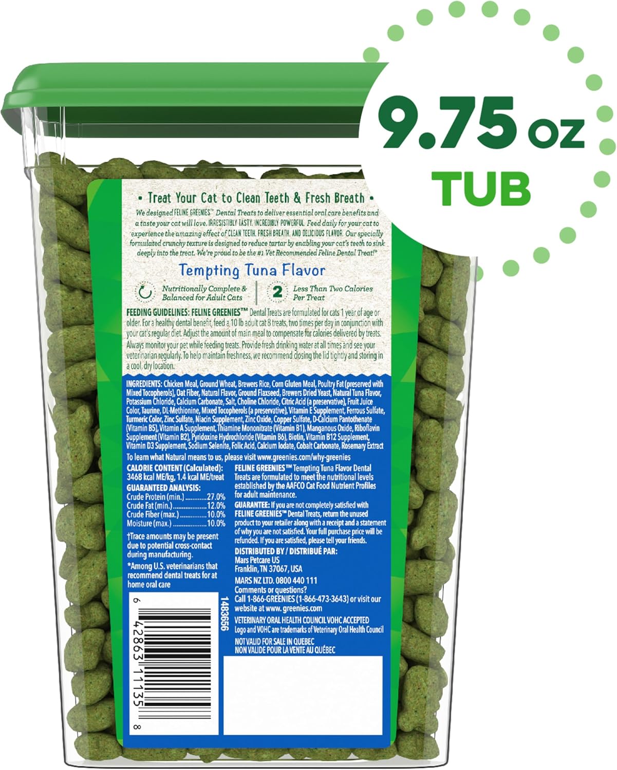 Greenies Feline Adult Dental Cat Treats, Tempting Tuna Flavor, 9.75 oz. Tub