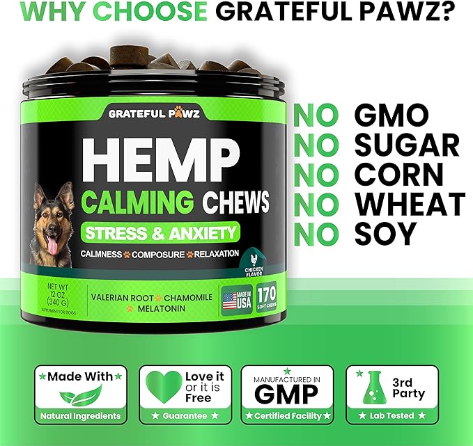 Grateful Pawz Hemp Calming Chews for Dogs - Dog Calming Chews - 170 Anxiety Relief Treats with Hemp Oil - Sleep Aid - Advanced Health Joint Support Supplement - Health & Wellness