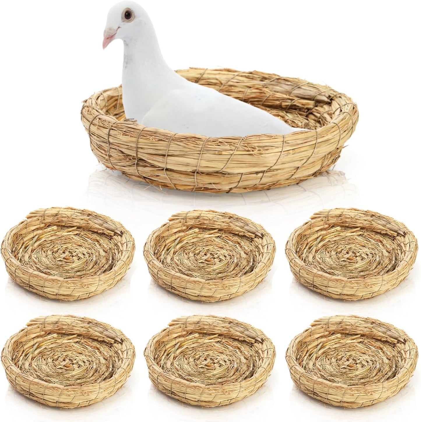 6 Packs Woven Straw Bird Nests, 8" Handmade Flat Base Spawning Nest, Small Animal Breeding Bed Hatch House Cage Accessories for Dove Pigeon Parrot Cuckoo Sparrow Rabbits Chinchillas Hamster