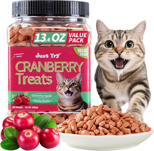 Just Try 13.4 OZ Urinary Tract Cat Treats for Indoor Cats Health Supplement Cranberry & D-Mannose for Kidney Bladder UT Support Salmon Flavor Crunchy Chews Cat Loves