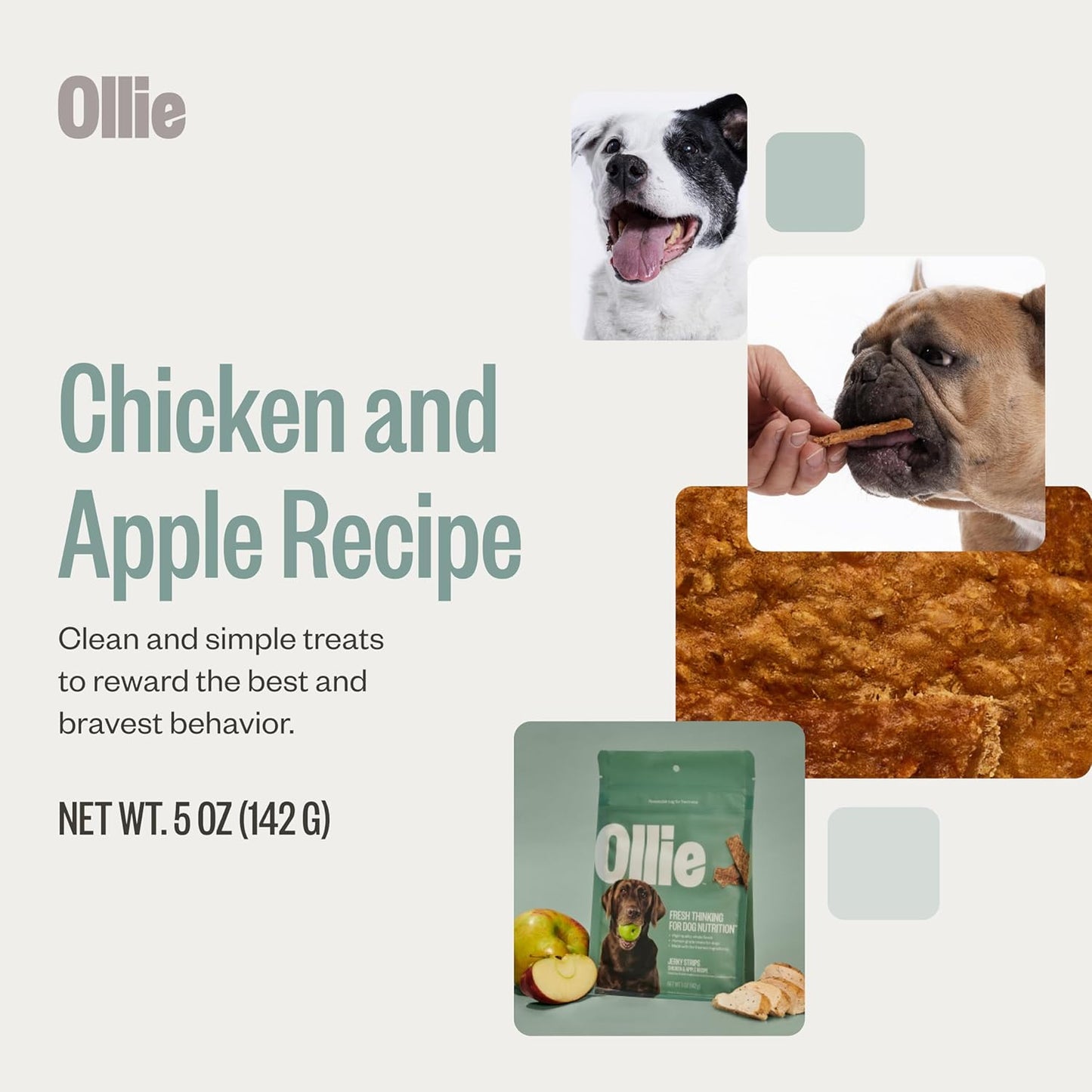 Ollie Chicken and Apple Jerky Dog Treats, 5 oz Pack of 1, All Natural, Healthy Snacks, Made with Real Meat, Human Grade, for Dogs