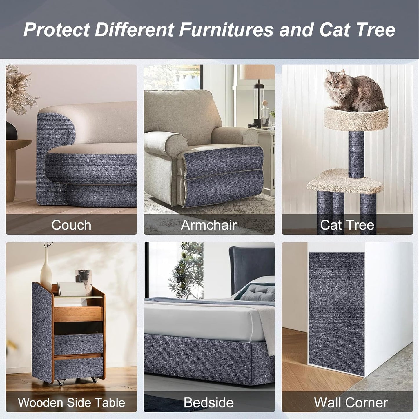 Cat Scratch Furniture Protector 78.7"X15.7", Scratching Mat for Counch, Sofa, Wall, Tower, Self-Adhesive DIY Anti Scratch Edge Sticky Pet Pads, Trimmable Carpet Replacement - Dark Grey