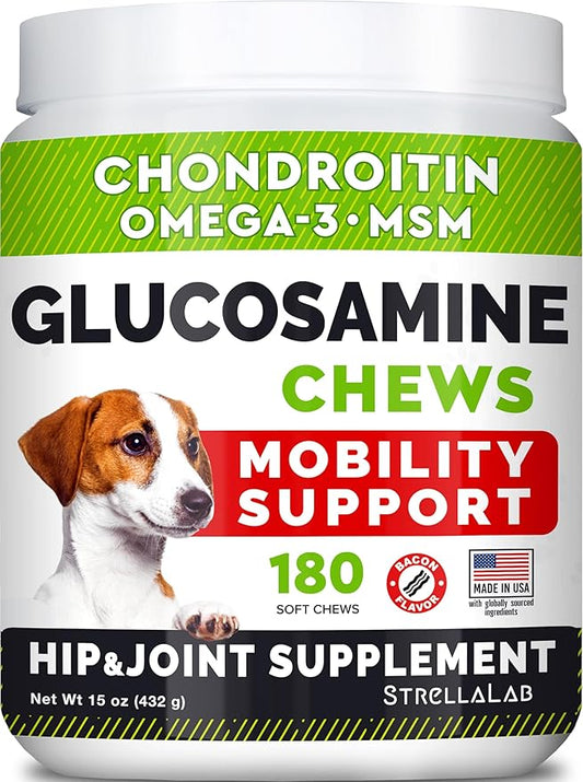 STRELLALAB Glucosamine Treats for Dogs - Joint Supplement w/Omega-3 Fish Oil - Chondroitin, MSM - Advanced Mobility Chews - Joint Pain Relief - Hip & Joint Care - Bacon Flavor - 180 Ct - Made in USA