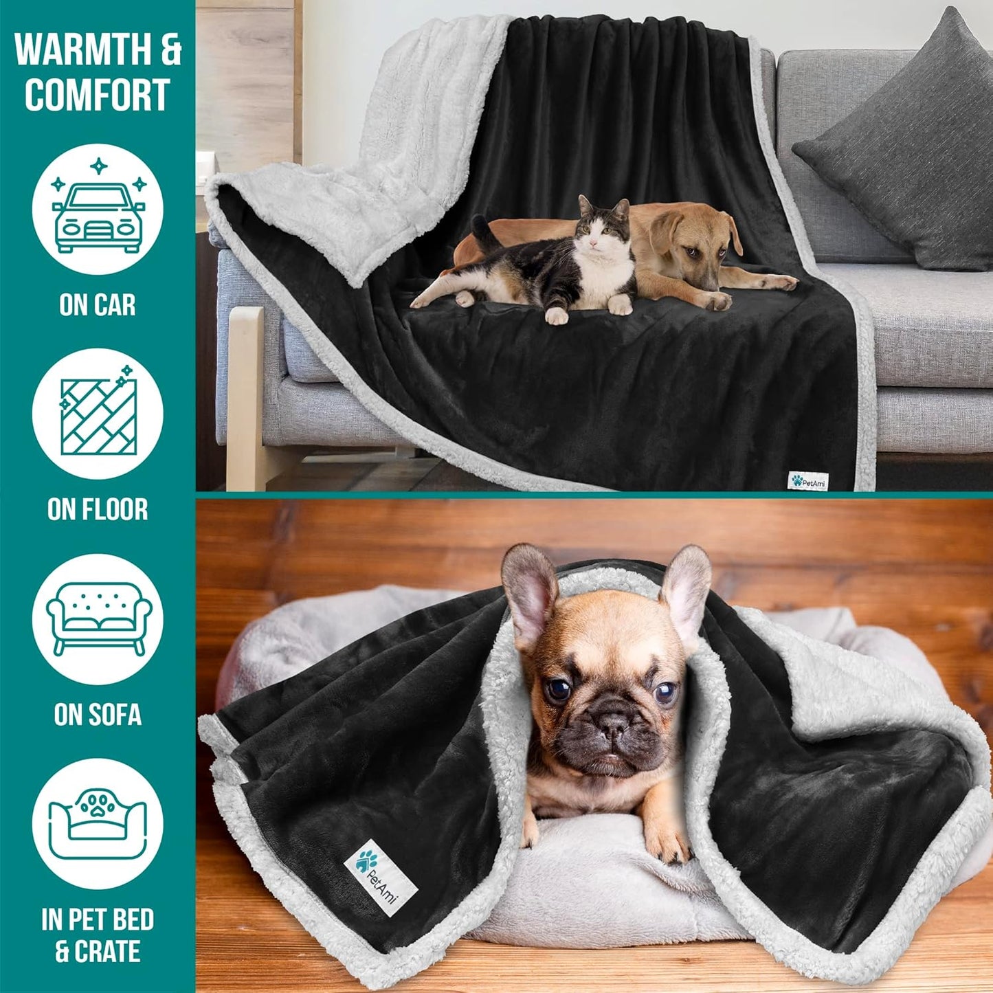 PetAmi Dog Blanket for Small Medium Dogs, Pet Bed Blanket Cat Puppy Kitten, Fleece Furniture Couch Cover Protector Sofa Car, Soft Sherpa Dog Throw Plush Reversible Washable, Mini 29x40 Black