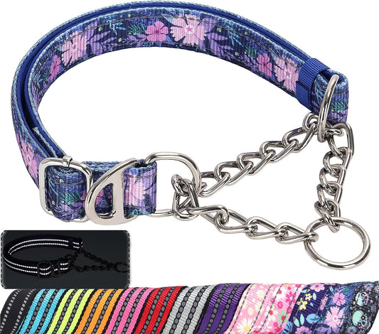 Martingale Dog Collar with Steel Chain, Reflective Choke Collar with Soft Padded- Adjustable No Pull with Bohemia Flower for Training Large Dogs Pet Collars for Walking（XXL