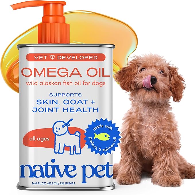 Native Pet Omega 3 Fish Oil for Dogs & Cats - Promotes Healthy Skin, Shiny Coat, & Strong Joints - Made with Wild Alaskan Salmon Oil for Dogs – Tasty, Fast-Absorbing Omega 3 6 9 Liquid Supplement-16oz