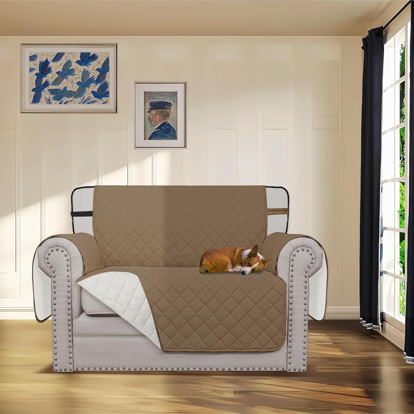 Easy-Going Reversible Chair Cover Washable Sofa Cover for Dogs Water Resistant Couch Slipcover Furniture Protector Cover with Adjustable Straps for Pets (Chair 30 in, Camel/Ivory)