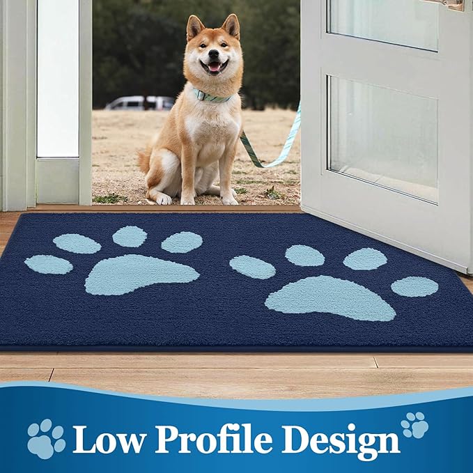 Buganda Dog Door Mat for Muddy Paws, Absorbent Dirt Trapper Washable Indoor Doormats, Non Slip Low-Profile Mud Mat for Dogs, Front Entrance Doormat for Inside Floor (40x32 Inches, Dark Blue)