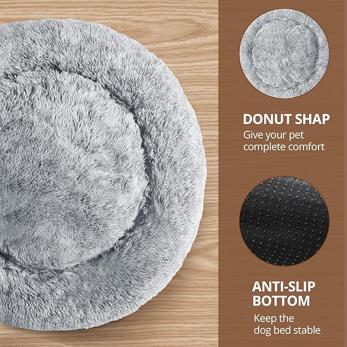 JOLLYVOGUE Medium Calming Dog Bed, Anti-Anxiety Donut Cuddler Cat Bed with Anti-Slip Bottom, Fluffy Faux Fur Machine Washable Pet Cushion for Medium Large Dog & Cat, 31"/Smoke Gray